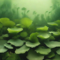 Create a 29x42 sized image of a background filled with various types of seaweed, using only shades of green