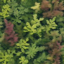 Create a 29x42 sized image of a background filled with various types of seaweed, using only shades of green