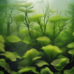 Create a 29x42 sized image of a background filled with various types of seaweed, using only shades of green