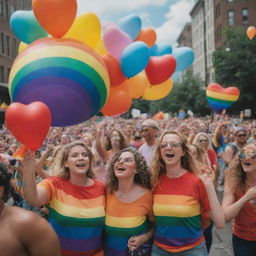 A vibrant pride parade with rainbows, balloons, and joyful people celebrating love and unity