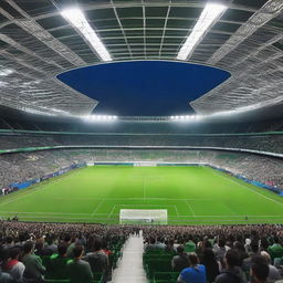 A large, modern soccer stadium filled with cheering fans