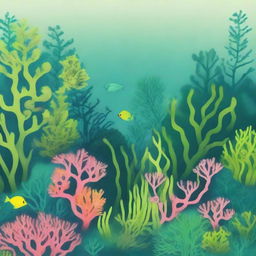 Create a 29x42 sized image of a coral reef background, containing various types of seaweed, using only shades of green