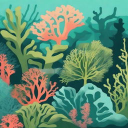 Create a 29x42 sized image of a coral reef background, containing various types of seaweed, using only shades of green