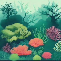 Create a 29x42 sized image of a coral reef background, containing various types of seaweed, using only shades of green