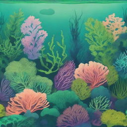 Create a 29x42 sized image of a coral reef background, containing various types of seaweed, using only shades of green