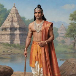 An authentic interpretation of Shree Ram as per ancient Indian scriptures, illustrated in traditional attire from the Ramayana era, against an historic Indian landscape.