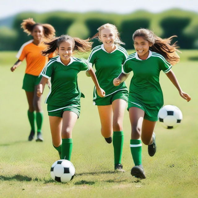 A group of energetic girls playing football on a sunny day in a lush green field