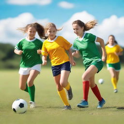 A group of energetic girls playing football on a sunny day in a lush green field