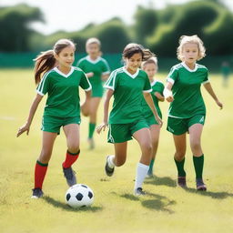 A group of energetic girls playing football on a sunny day in a lush green field