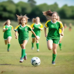 A group of energetic girls playing football on a sunny day in a lush green field