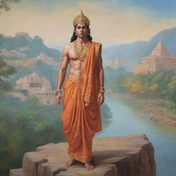 An authentic interpretation of Shree Ram as per ancient Indian scriptures, illustrated in traditional attire from the Ramayana era, against an historic Indian landscape.