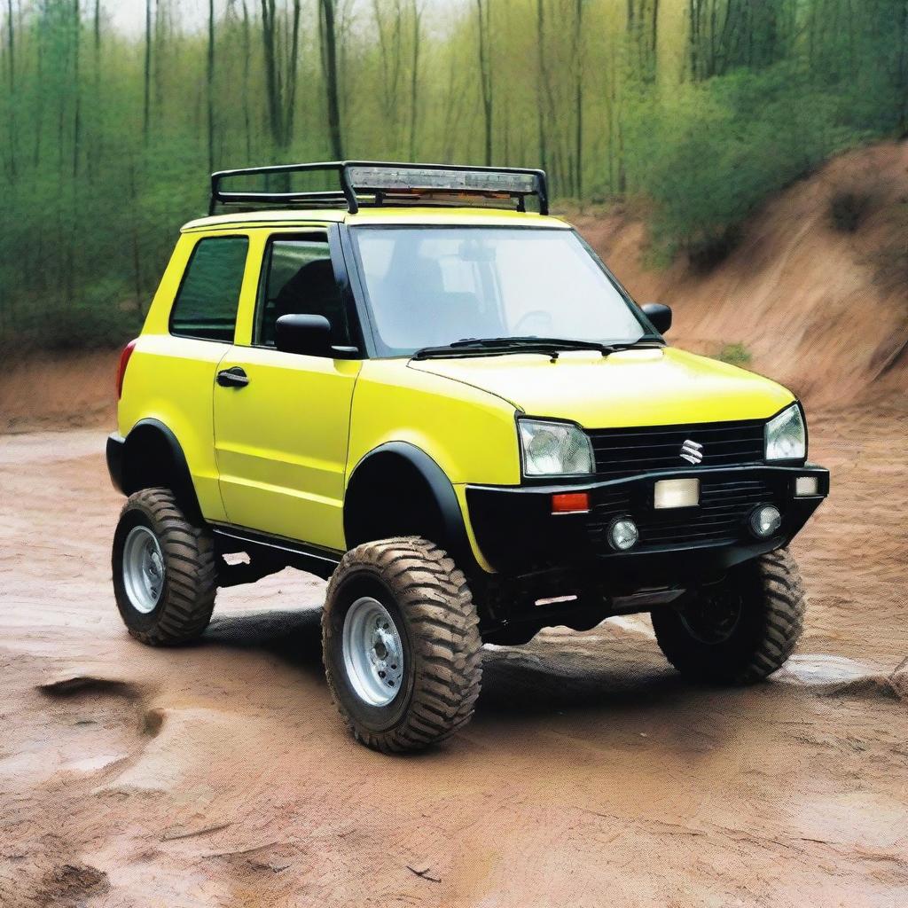 Generate an image of a lifted four-wheel-drive first-generation Suzuki Swift that's been modified to be a rock crawler