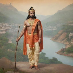 An authentic interpretation of Shree Ram as per ancient Indian scriptures, illustrated in traditional attire from the Ramayana era, against an historic Indian landscape.