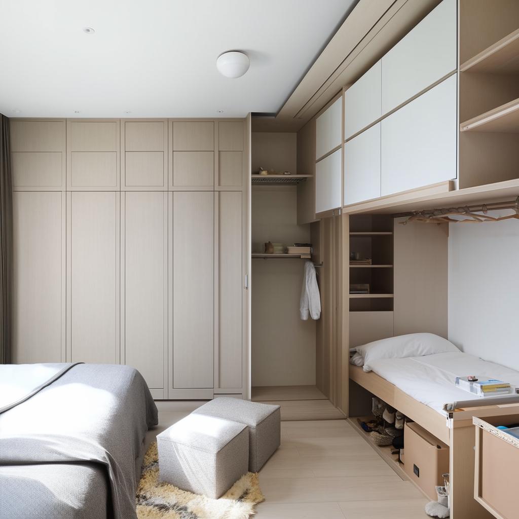 Spacious bedroom featuring an attached bathroom, vast storage, a dressing table near the bed, a wardrobe with a shoe organizer, a window seat with under-bench shelves, plus a clever storage area for daily items with an under-set extendable study table.