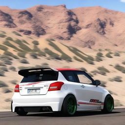 Generate an image of a first-generation Suzuki Swift modified for a time attack at Pikes Peak