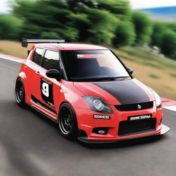 Generate an image of a first-generation Suzuki Swift modified for a time attack at Pikes Peak