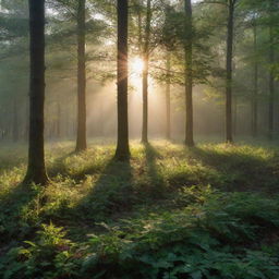 A tranquil sunrise over a serene forest, with dew glistening on leaves and the first rays of the sun casting beautiful shadows