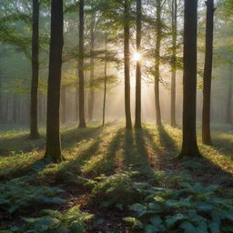 A tranquil sunrise over a serene forest, with dew glistening on leaves and the first rays of the sun casting beautiful shadows