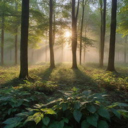 A tranquil sunrise over a serene forest, with dew glistening on leaves and the first rays of the sun casting beautiful shadows