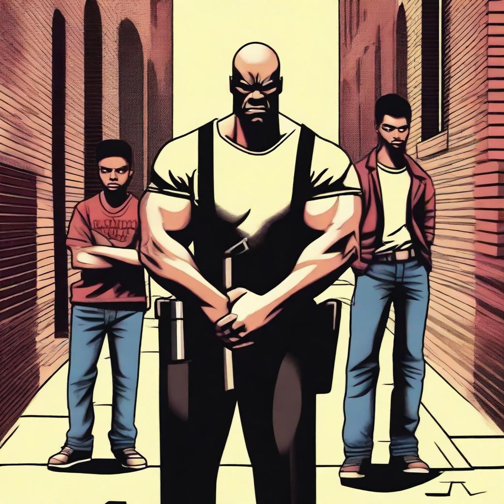 Create an image of a stern looking vigilante father, armed and ready, protecting his three sons