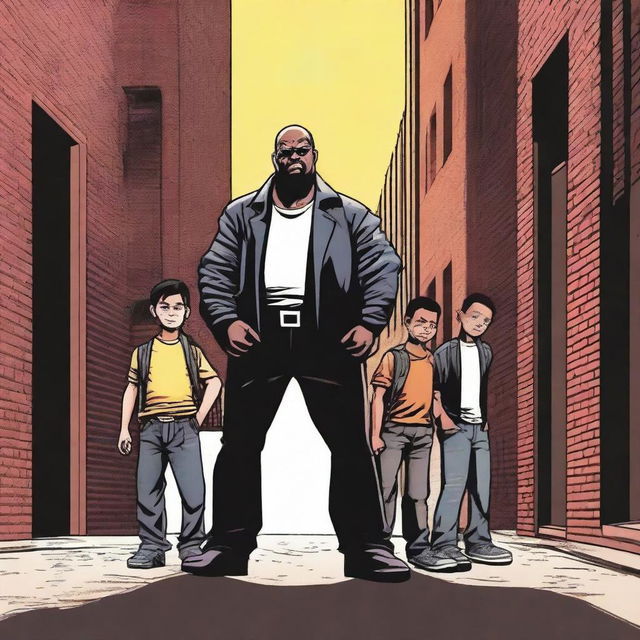 Create an image of a stern looking vigilante father, armed and ready, protecting his three sons