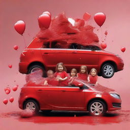 Generate an image of a red muddy car with a family inside consisting of a girl, dad, mum, another girl, a baby girl, and a boy