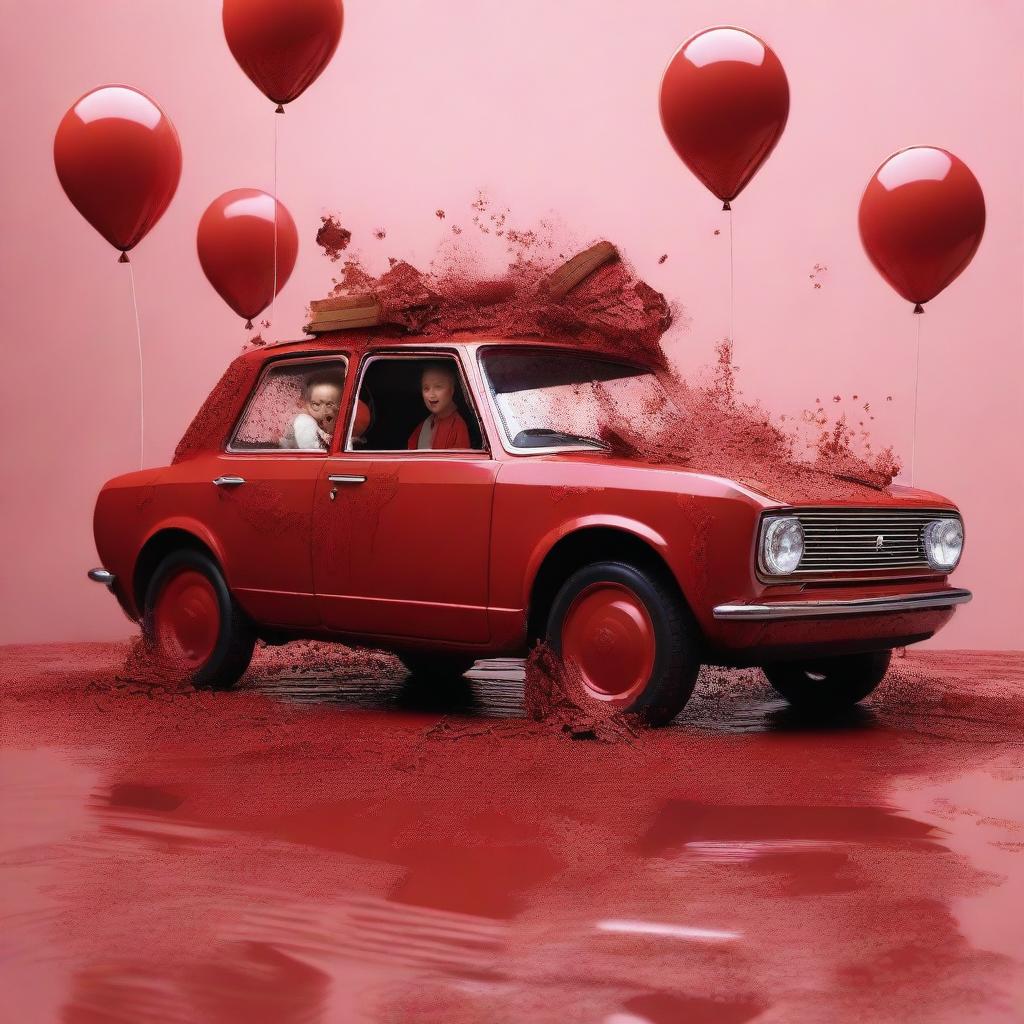 Generate an image of a red muddy car with a family inside consisting of a girl, dad, mum, another girl, a baby girl, and a boy