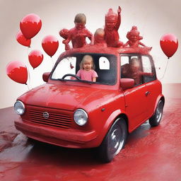 Generate an image of a red muddy car with a family inside consisting of a girl, dad, mum, another girl, a baby girl, and a boy