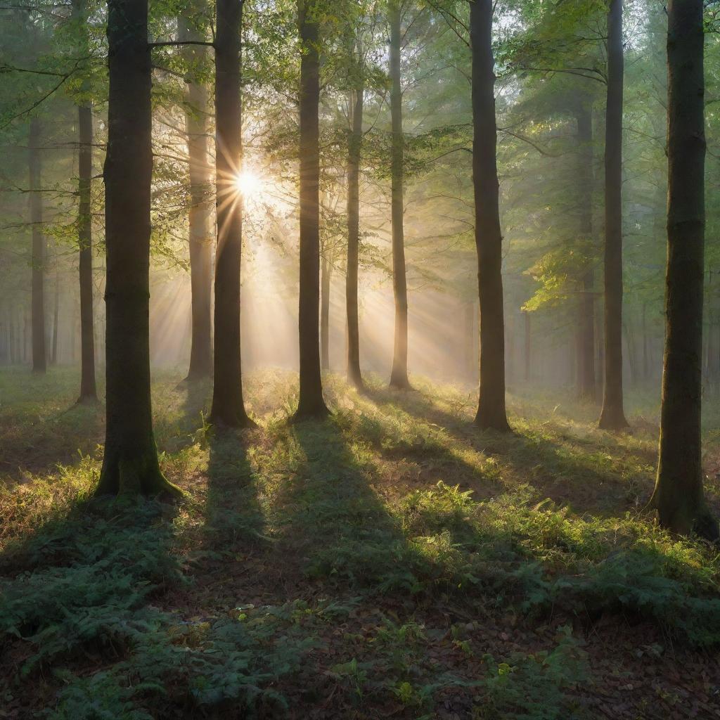 A tranquil sunrise over a serene forest, with dew glistening on leaves and the first rays of the sun casting beautiful shadows