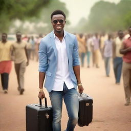 Create an image depicting a young, ambitious actor arriving in Nollywood, Nigeria's film industry, for the first time