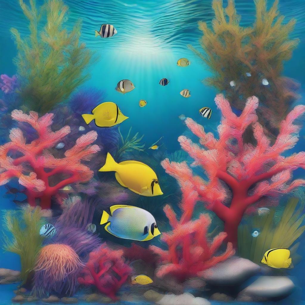 Create a 3-dimensional image of underwater scenery featuring vibrant coral reefs and lush sea grass