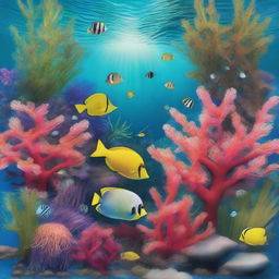 Create a 3-dimensional image of underwater scenery featuring vibrant coral reefs and lush sea grass