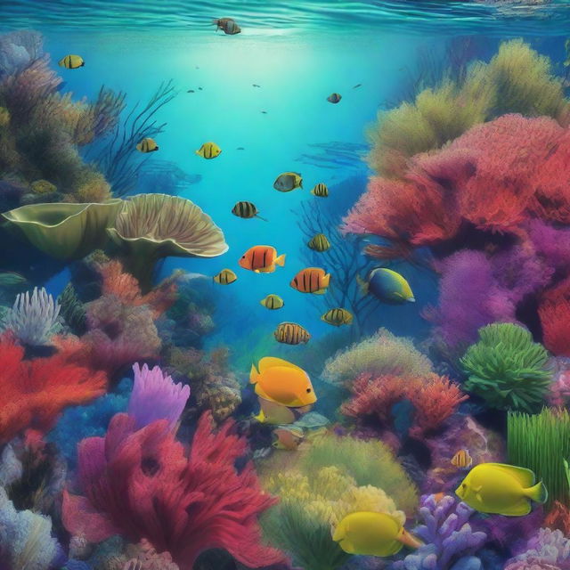 Create a 3-dimensional image of underwater scenery featuring vibrant coral reefs and lush sea grass