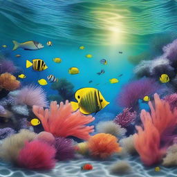 Create a 3-dimensional image of underwater scenery featuring vibrant coral reefs and lush sea grass