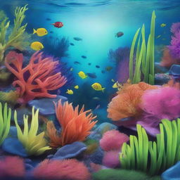 Create a 3-dimensional image of underwater scenery featuring vibrant coral reefs and lush sea grass