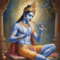 A beautiful depiction of Lord Krishna playing his divine flute, in vibrant and traditional attire, surrounded by a serene Vrindavan ambiance.