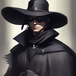 An elegant man dressed in a deep black cloak, an eyepatch, and a wide-brimmed hat adorned with a large feather