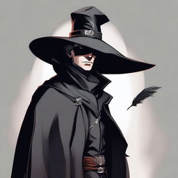 An elegant man dressed in a deep black cloak, an eyepatch, and a wide-brimmed hat adorned with a large feather