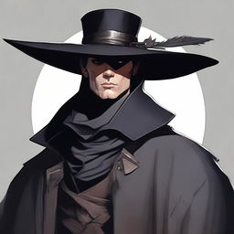 An elegant man dressed in a deep black cloak, an eyepatch, and a wide-brimmed hat adorned with a large feather