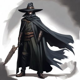 An elegant man dressed in a deep black cloak, an eyepatch, and a wide-brimmed hat adorned with a large feather