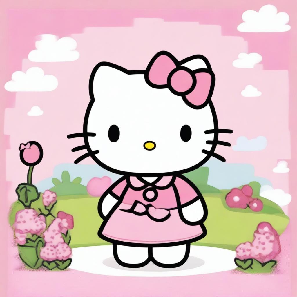 Generate an image of the popular character Hello Kitty in a cute and friendly setting.