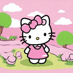 Generate an image of the popular character Hello Kitty in a cute and friendly setting.