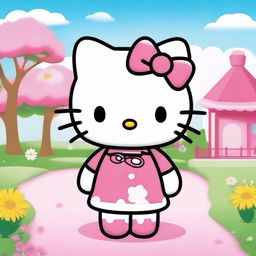 Generate an image of the popular character Hello Kitty in a cute and friendly setting.