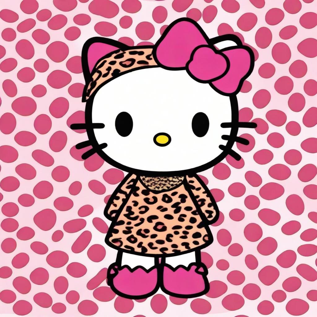 Generate an image of Hello Kitty dressed in a leopard print outfit.