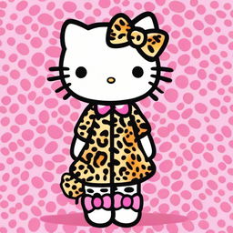 Generate an image of Hello Kitty dressed in a leopard print outfit.