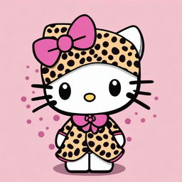 Generate an image of Hello Kitty dressed in a leopard print outfit.