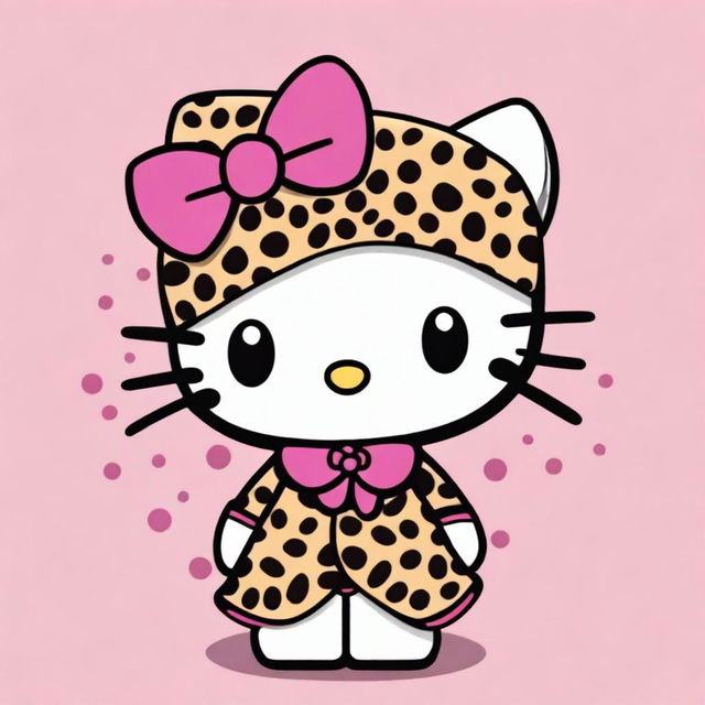 Generate an image of Hello Kitty dressed in a leopard print outfit.