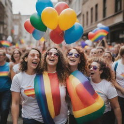 A vibrant pride parade with rainbows, balloons, and joyful people celebrating love and unity