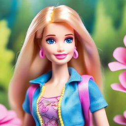 Generate an image of Barbie in an outdoor setting, surrounded by wild nature