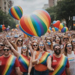 A vibrant pride parade with rainbows, balloons, and joyful people celebrating love and unity